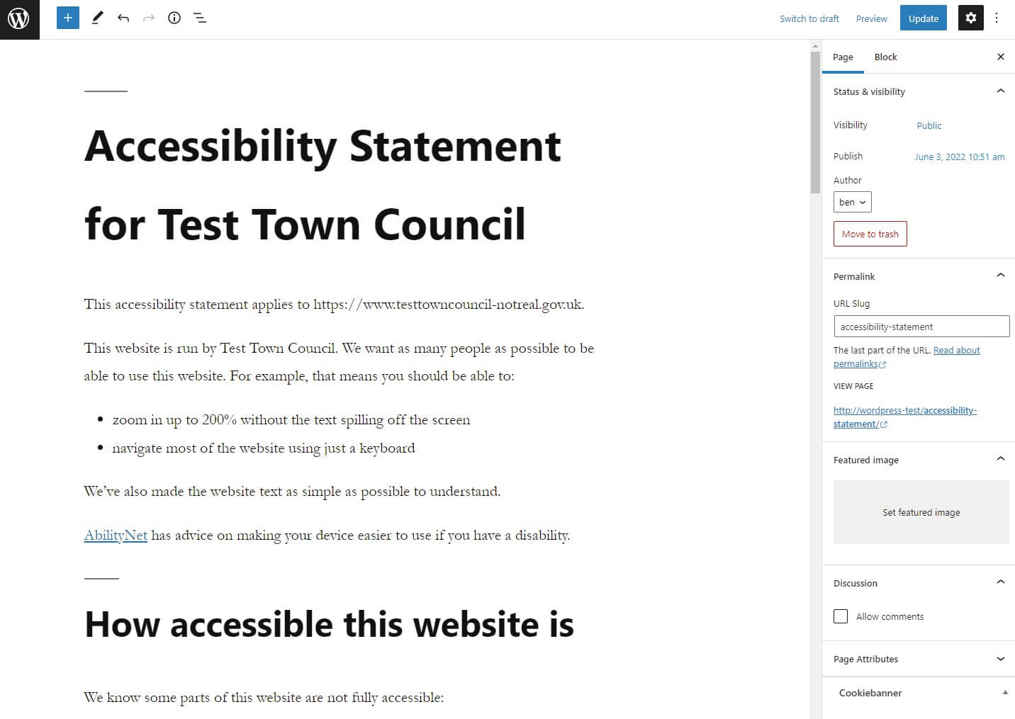 WordPress Block Editor with example accessibilty statement pasted in