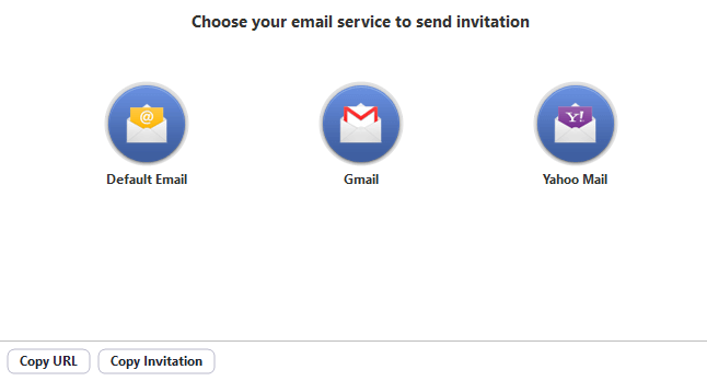 Email invitation using default email, Gmail, Yahoo Mail and copying the invitation