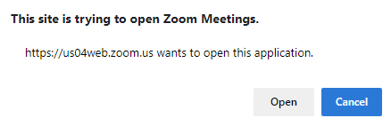 This site is trying to open Zoom meetings with Open and Cancel options