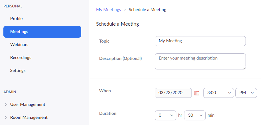 Schedule a Meeting settings including topic and date