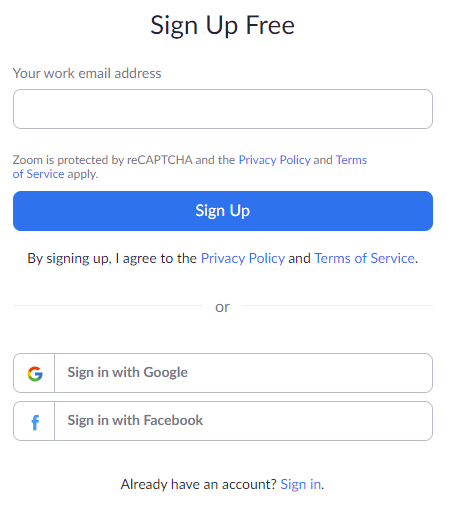 Zoom sign up by email, Facebook or Google